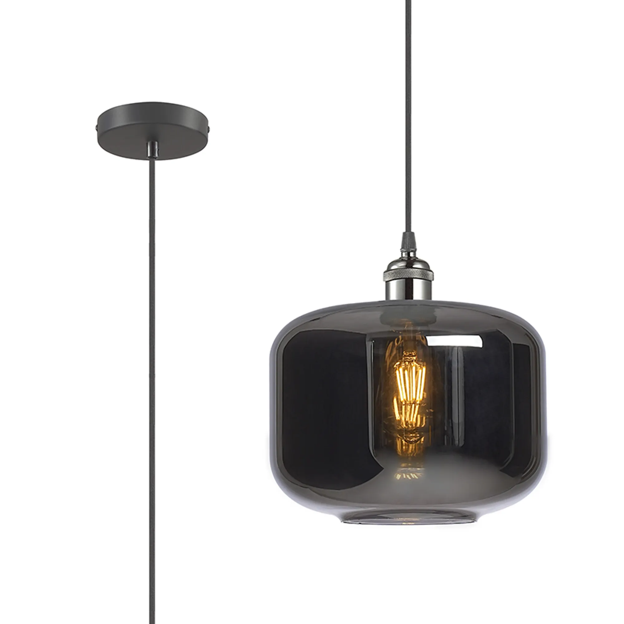 DK1132  Cawdor Single Pendant, 1 Light E27, Gun Metal/Black/Chrome Plated Pumpkin Glass